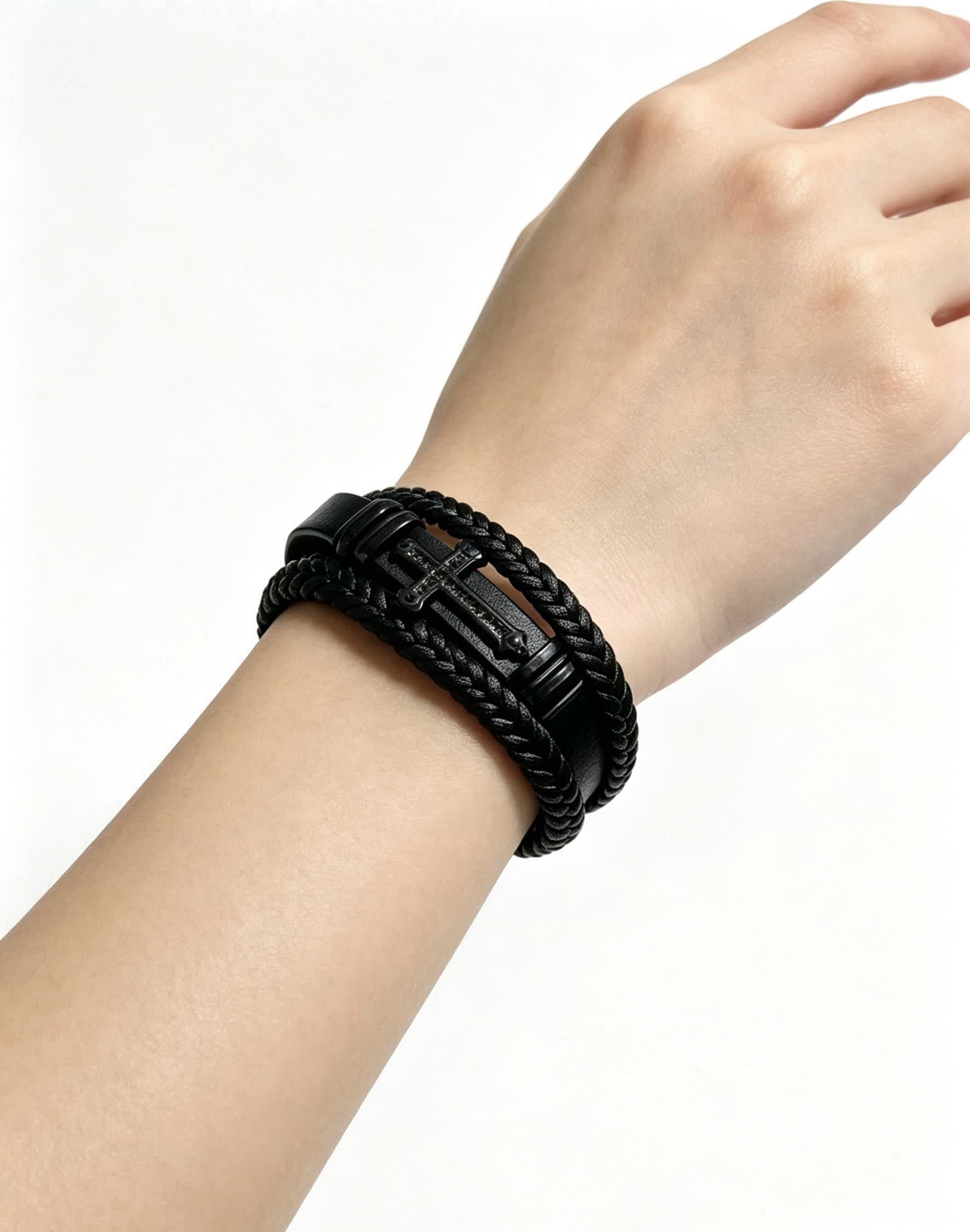 Chrome Hearts Black Braided Leather Bracelet with Cross Clasp